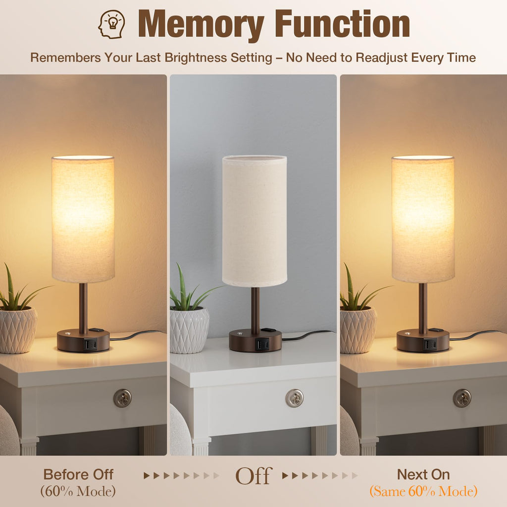Touch Bedside Table Lamp with Memory - Stepless Dimmable Lamp for Bedroom, Small Nightstand Lamp with Dual USB Charging Ports and AC Outlet, Wood Night Light, Deak Lamp for Nursery (Beige & Brown)