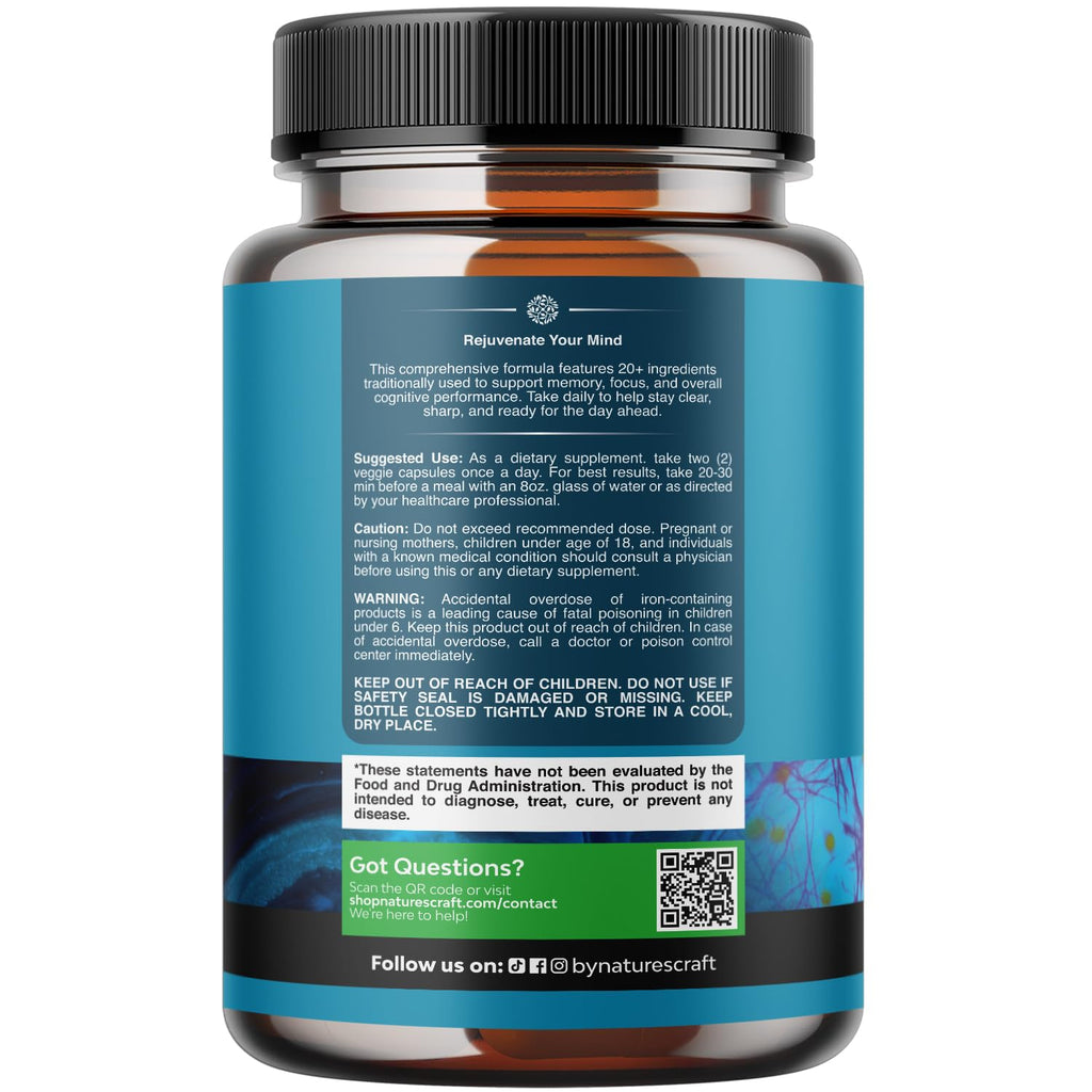 Nootropic Brain Supplement for Memory and Focus Support - Vitamins for Mental Support & Clarity with Bacopa Monnieri, VIT A, B6, Riboflavin, Niacin, Thiamin & Folate - Cognitive Complex - 120 Ct