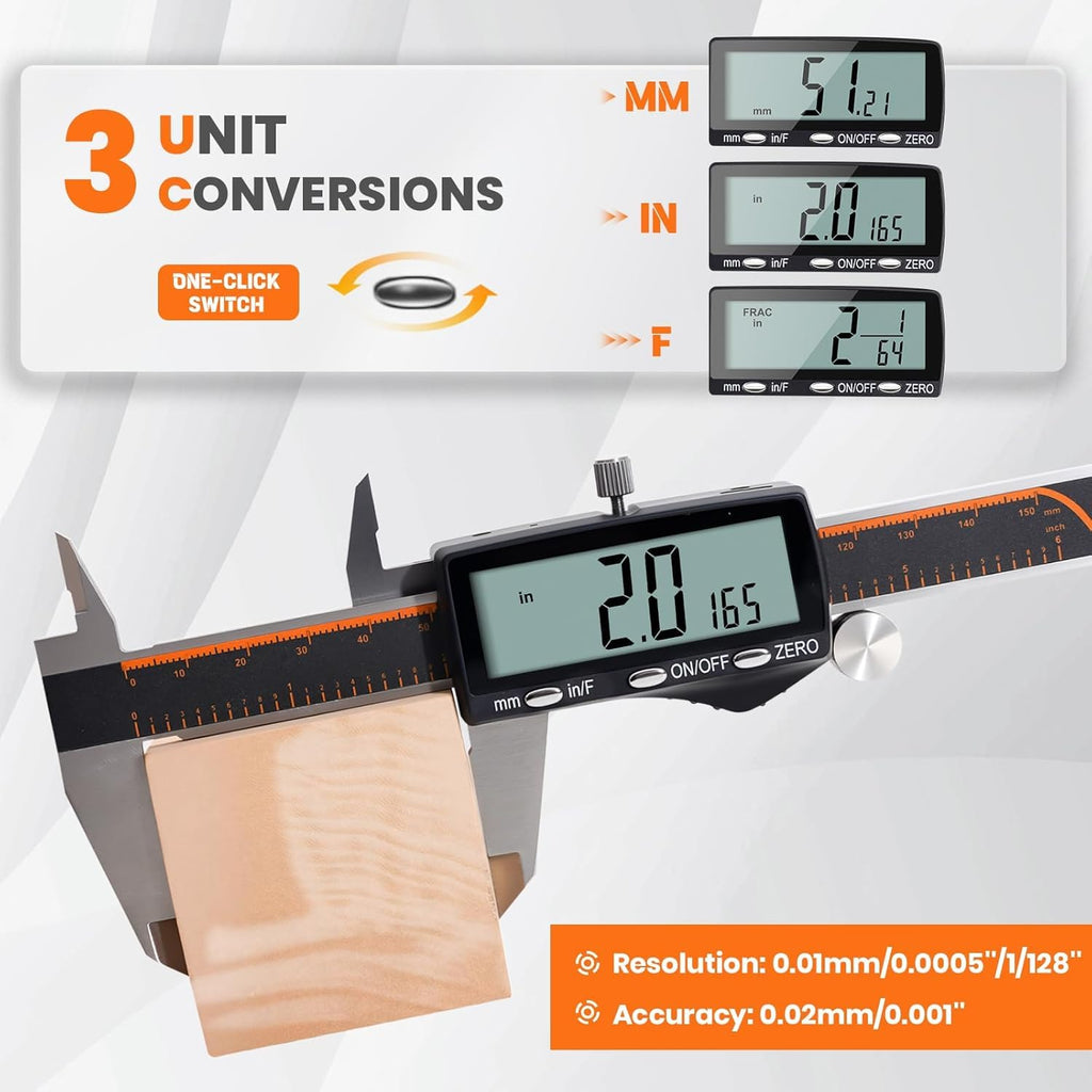 HARDELL Digital Caliper, Rechargeable Calipers with Large LCD Screen, Stainless Steel Caliper Measuring Tool, Auto-Off Micrometer, Inch/MM/Fraction for DIY/Household/3D-printing
