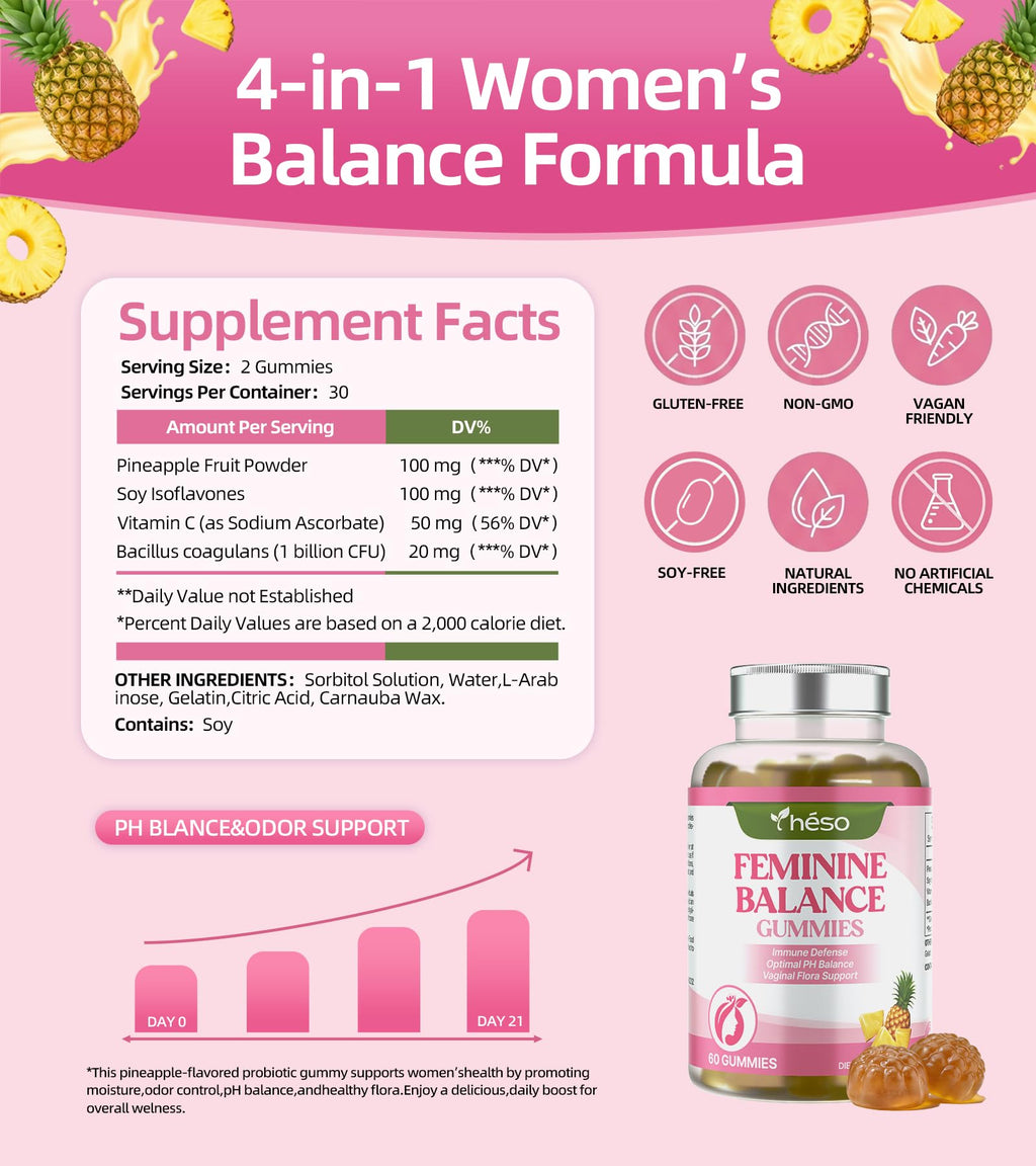 Yheso Feminine Balance Gummies for Women’s, Premium Feminine Balance Gummies – Sugar Free Immune & Vaginal Health Support – pH Balance, Pineapple Flavor, 120 Gummies (60 Servings)