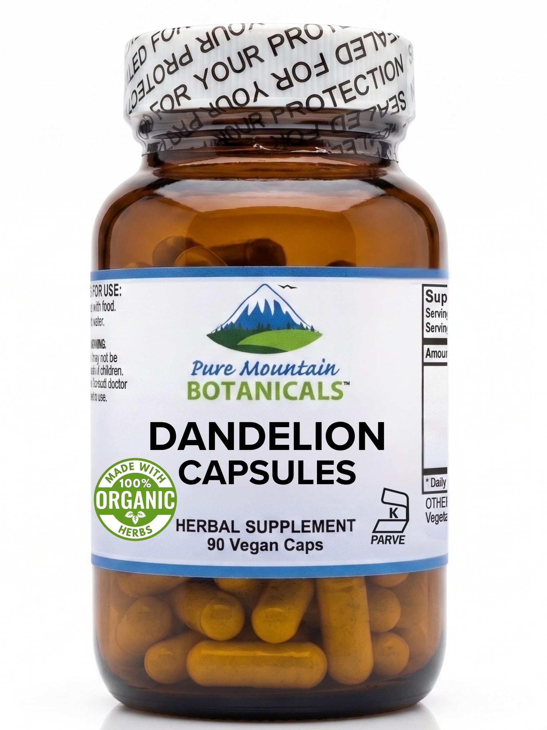 Pure Mountain Botanicals Dandelion Root Capsules - 450mg Organic Supplement - 90 Kosher Vegan Non-GMO Dandelion Pills