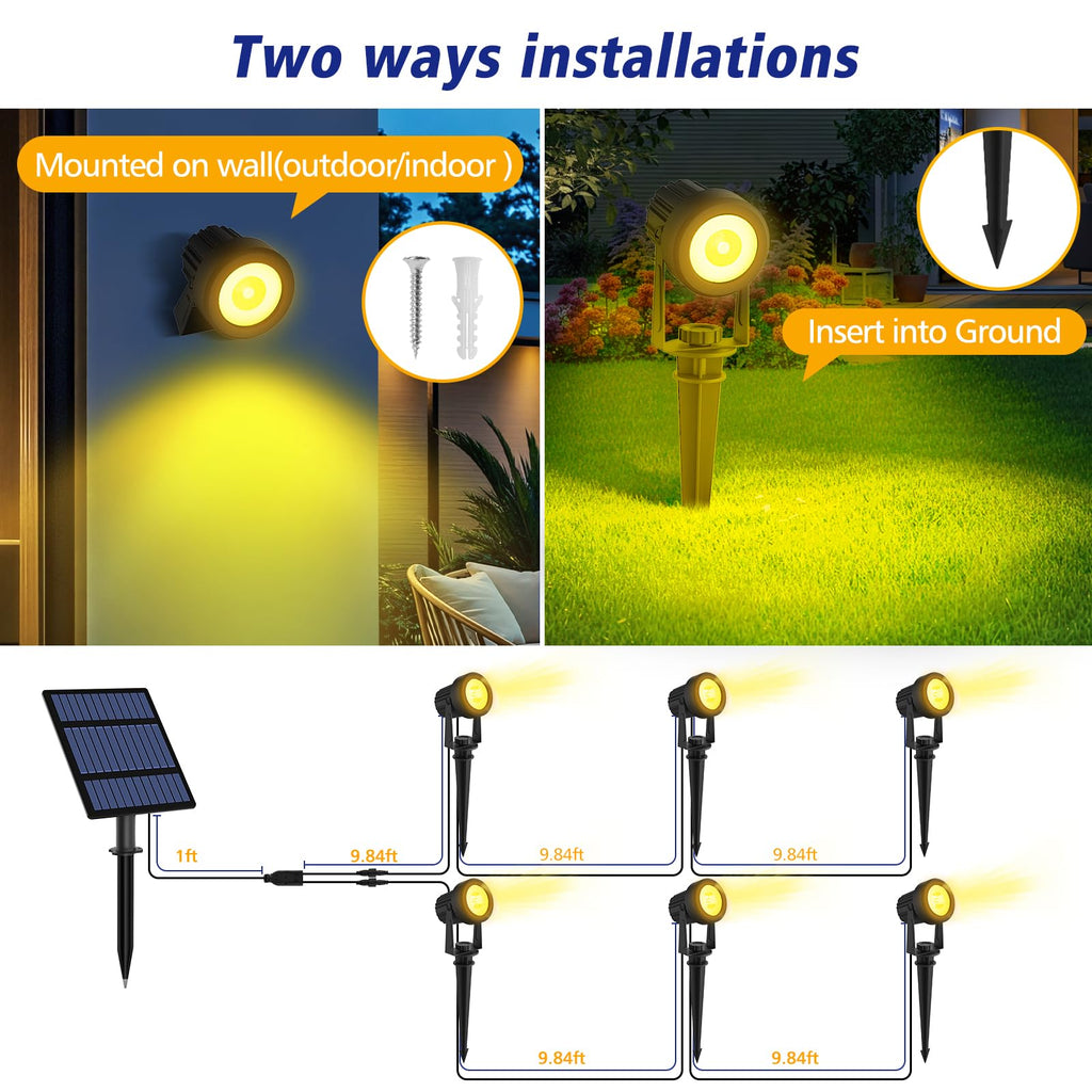 T-SUNUS Solar Spot Lights Christmas 6-in-1 Outdoor Warm White 3000K Landscape Spotlight IP65 Waterproof Separated Panel Spotlights with 9.8ft Cable Auto On/Off for Tree Lawn Driveway Pathway Halloween