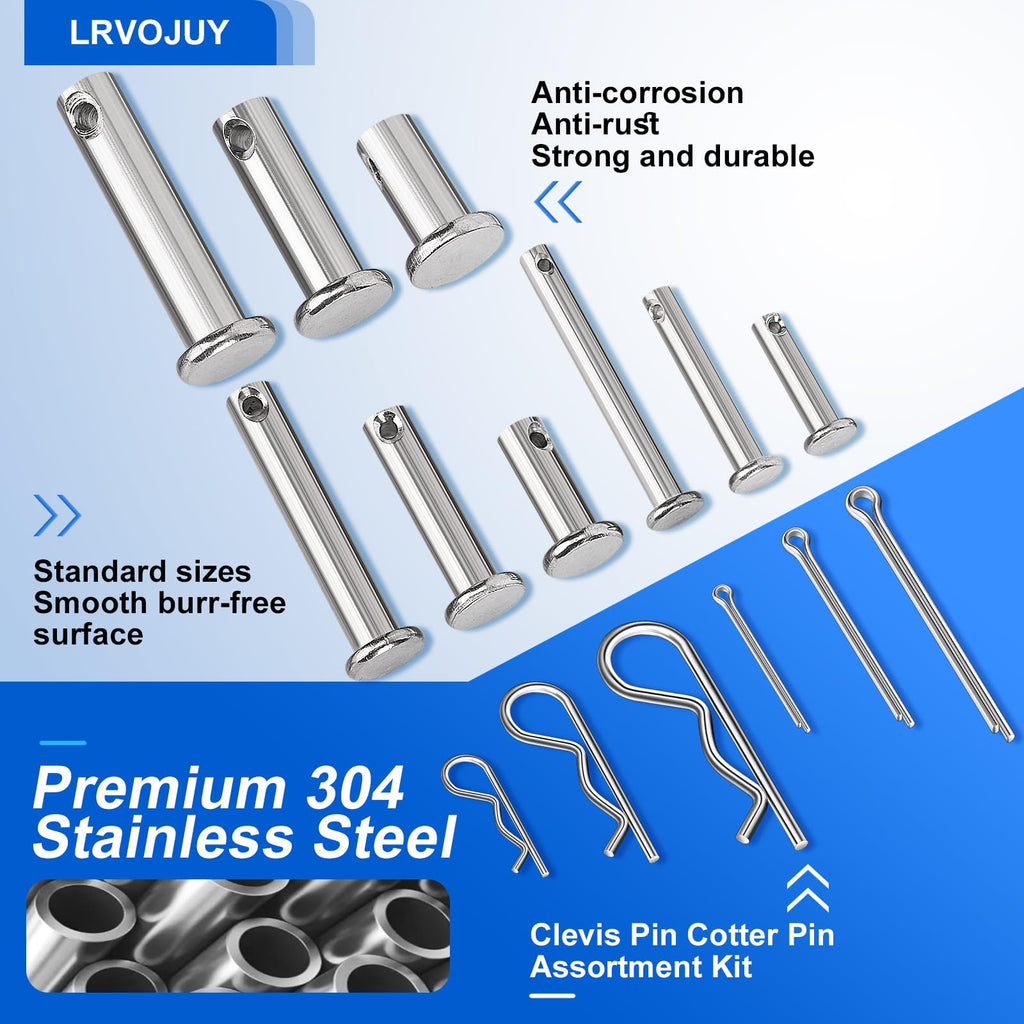 LRVOJUY Cotter Pin Assortment Kit, 180PCS Cotter Pins 6 Sizes Premium 304 Stainless Steel Heavy Duty R Clips Set, Hardware Pins for Automotive, Trailer, Pin Lock System