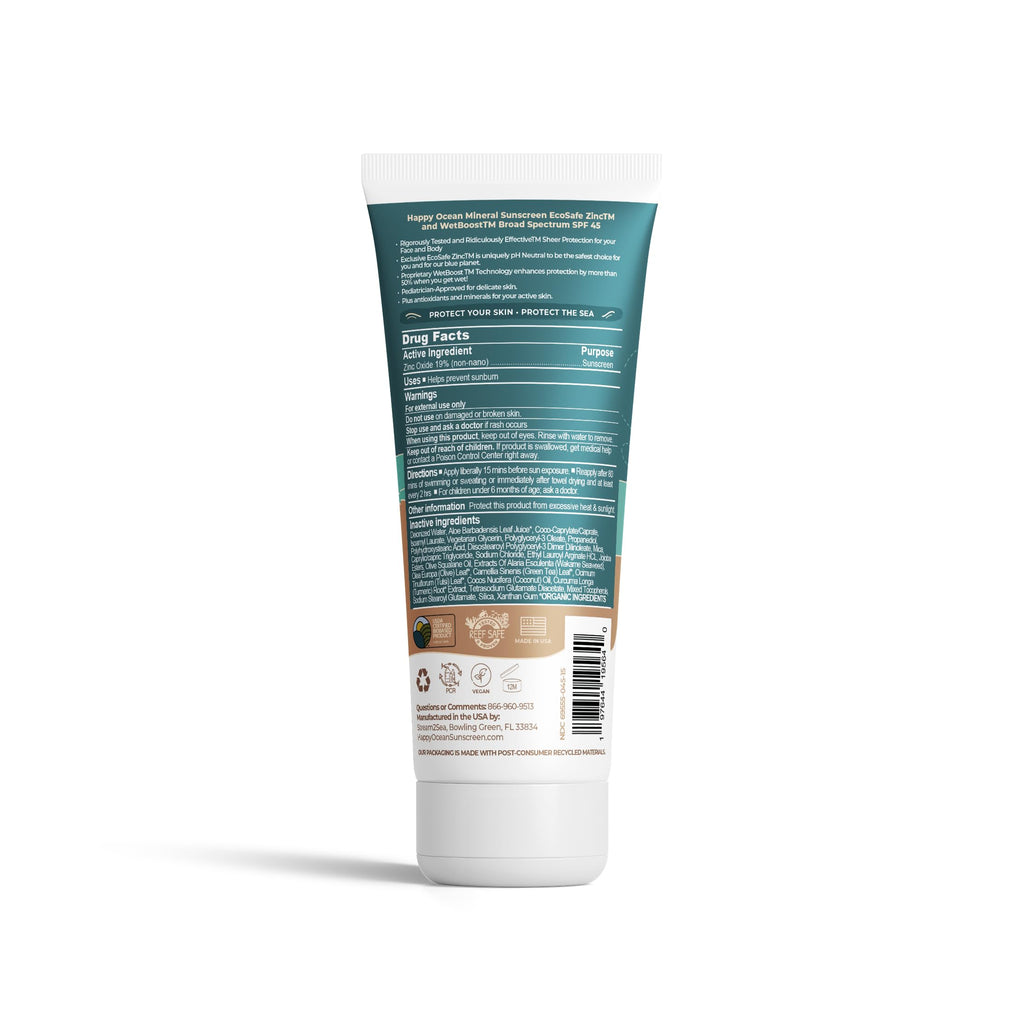 Happy Ocean SPF 45 Reef Safe Mineral Sunscreen for Kids & Sensitive Skin with Non-Nano Zinc Oxide, Non Toxic Kids Sunscreen for Face & Body, Natural Organic Sunblock, Travel Size, Vegan 2.5 Fl Oz