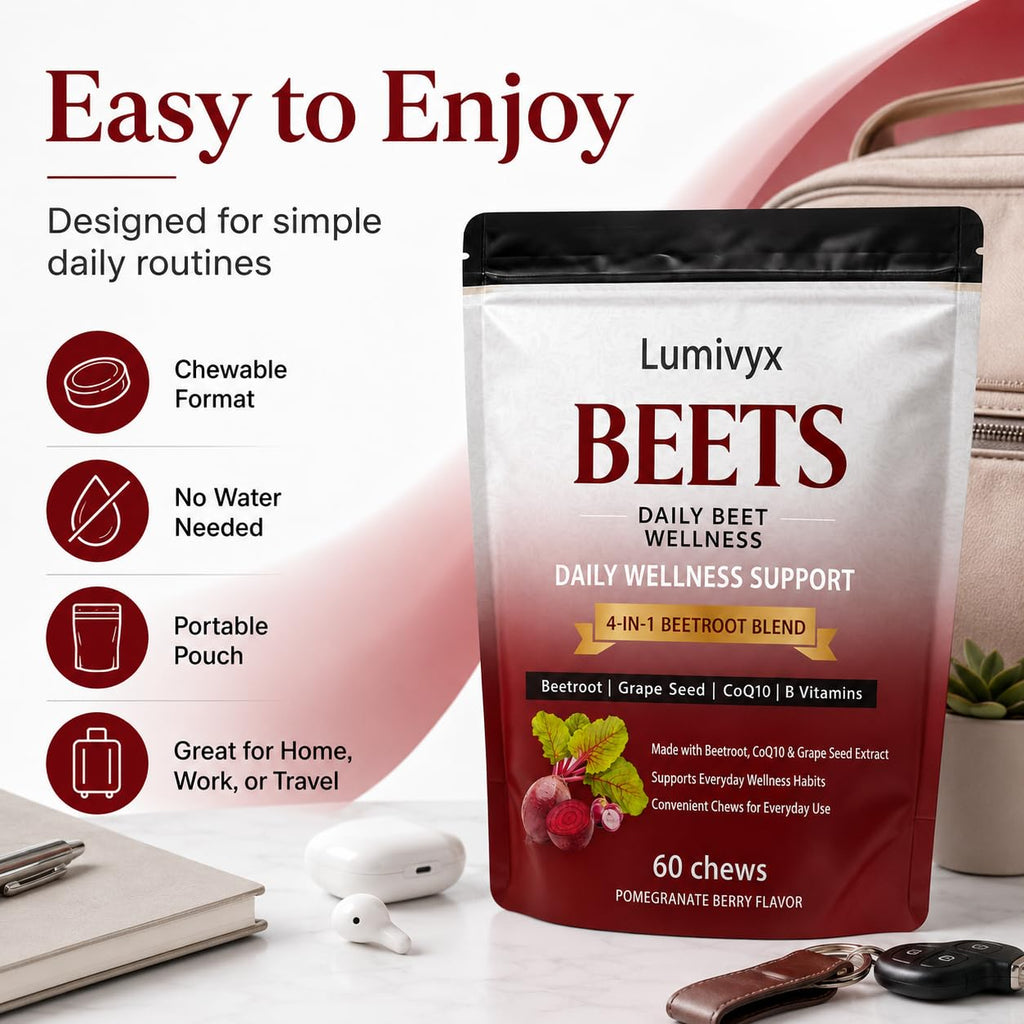 Lumivyx Beet Chews，Beetroot Blend with Beetroot, CoQ10 & Grape Seed Extract, Pomegranate Berry Flavor, 60 Count