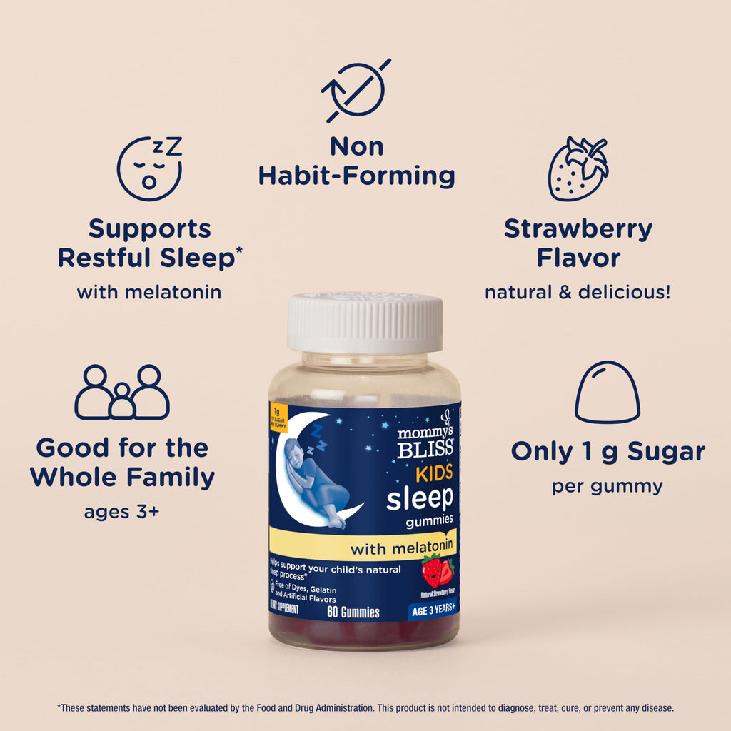 Mommy's Bliss Kids Sleep Gummies with Melatonin, Support Your Natural Sleep Process, Age 3 Years to Adults, Strawberry Flavor, 1G of Sugar, 60 Gummies (Pack of 3)