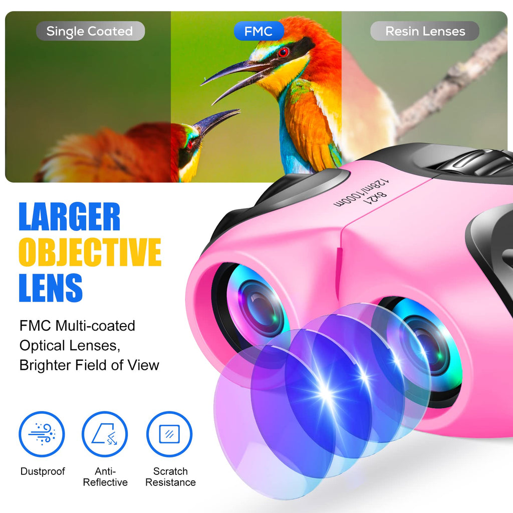 Gifts for 3-6 Year Old Girls and Boys, Kids Binoculars for Outdoor Easter Toys for 4 5 6 Year Old Girl Easter Christmas Xmas Stocking Stuffers Fillers Gifts for Kids Teen Girls Pink