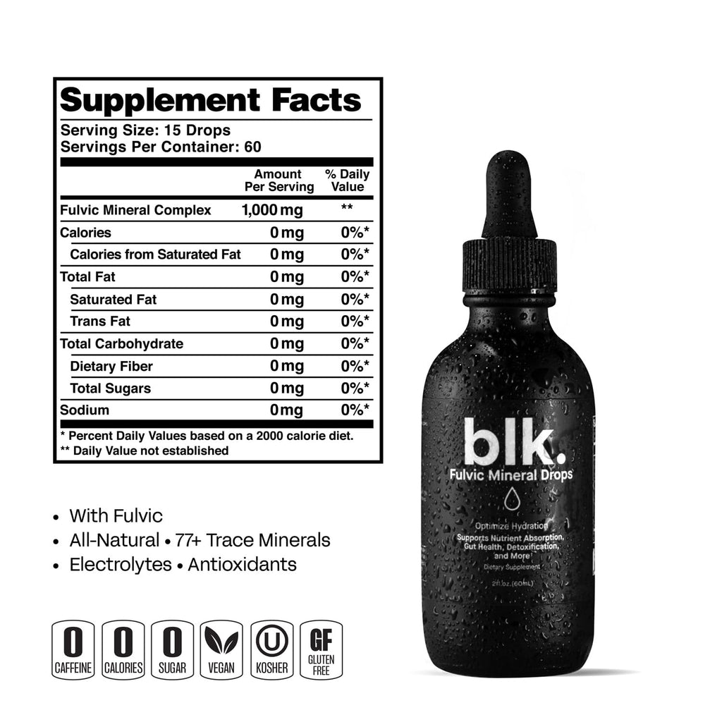 blk. PH 8+ Natural Mineral Alkaline Water Drops Electrolyte Infused with Fulvic and Amino Acids, Zero Sugar, 2oz., 3-Pack