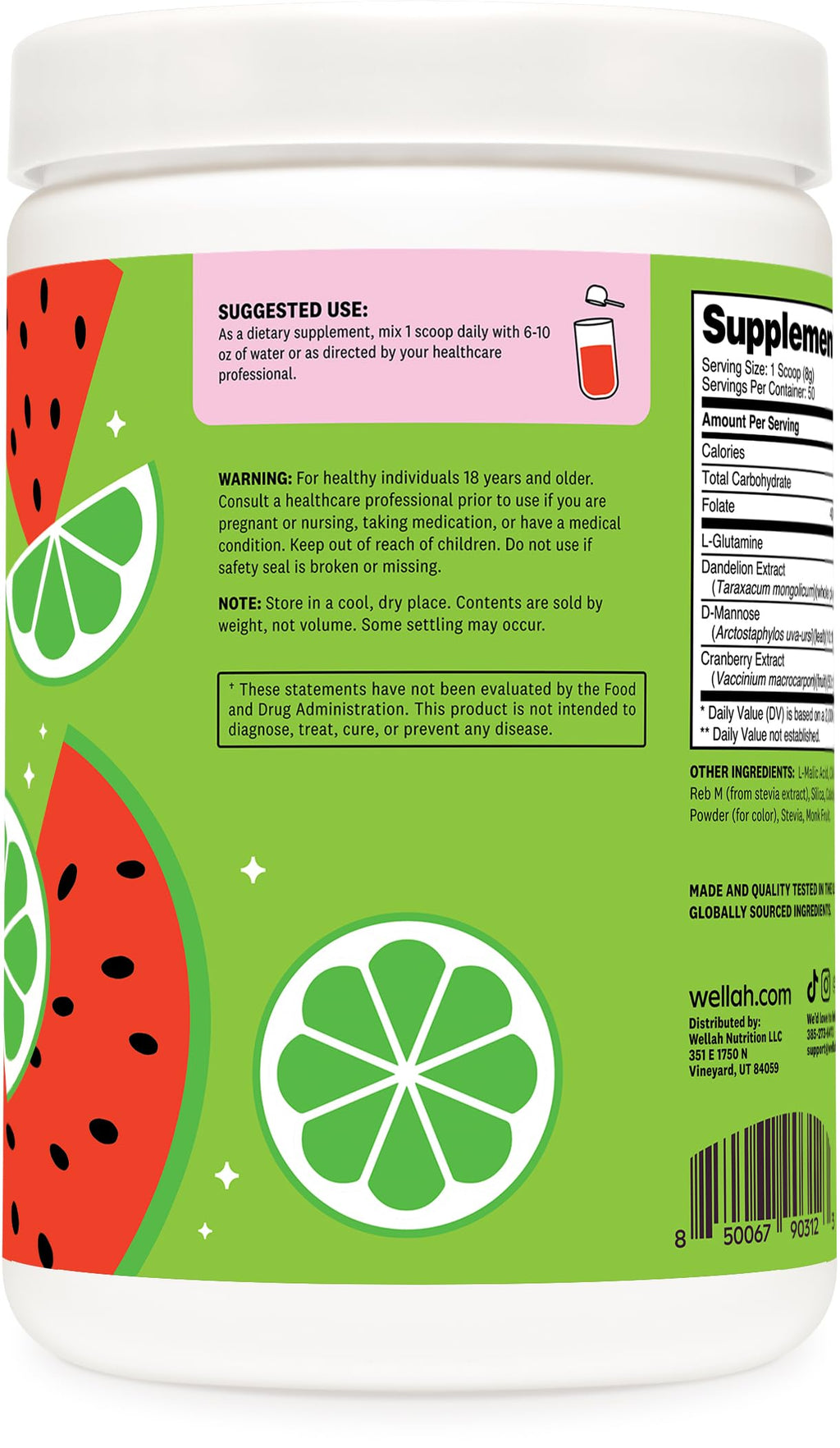 Wellah L-Glutamine Powder Watermelon Lime (50 Servings) - 5g L-Glutamine Per Serving, Sweetened with Stevia
