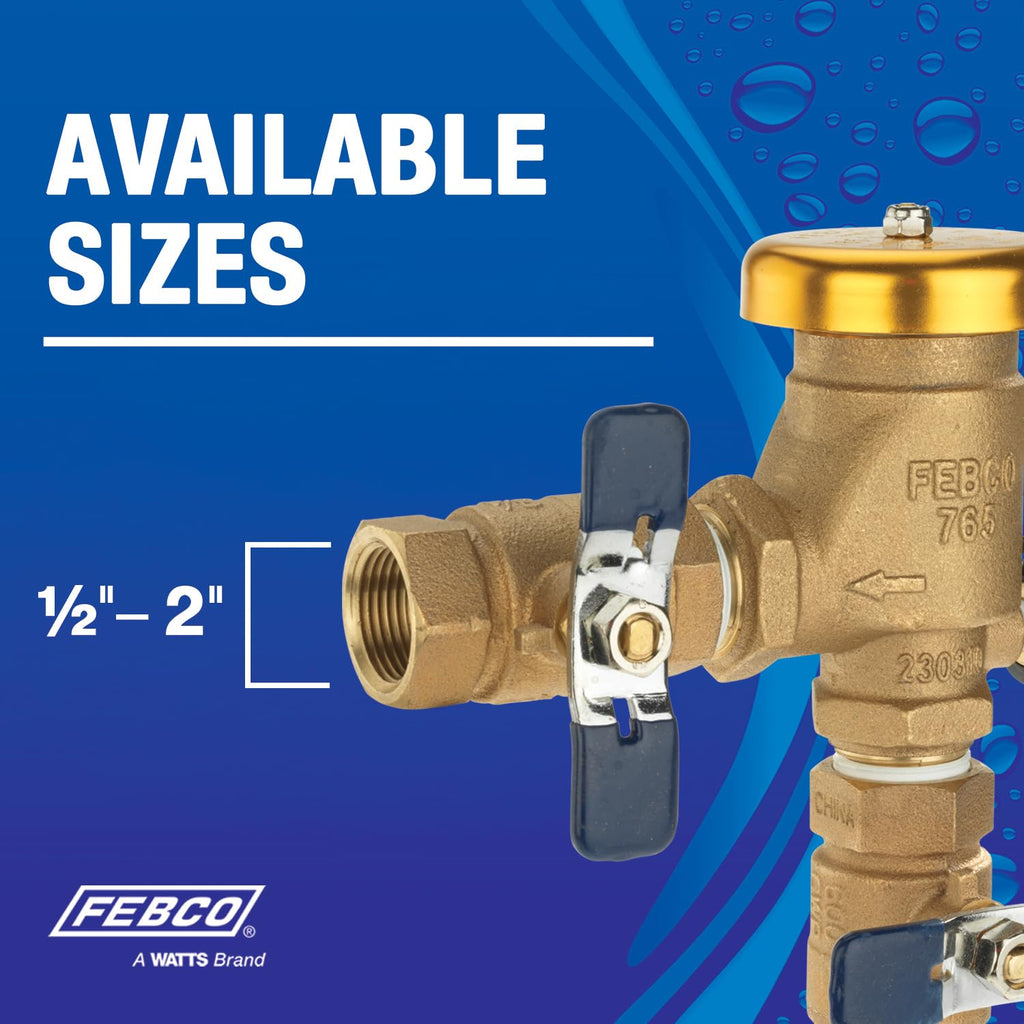 Febco 765 Series 2" Bronze Pressure Vacuum Breaker Backflow Preventer, Quarter Turn Shutoff, NPT Connections, Spring-Loaded Check Valves, Max Pressure 150 psi, Industrial Plant, Irrigation System