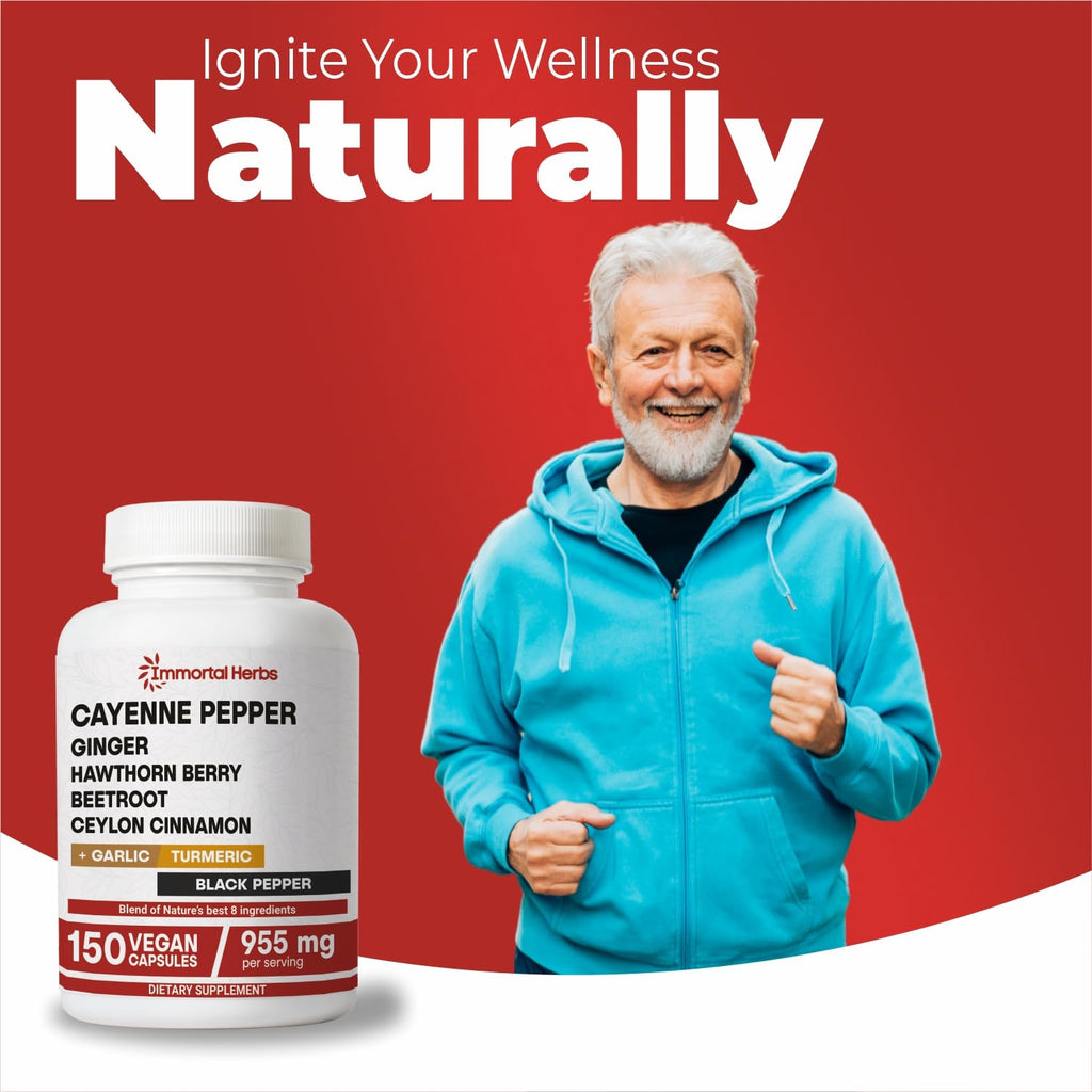 Immortal Herbs Cayenne Pepper Capsules w/Garlic, Ginger, Hawthorn, Turmeric, Cinnamon, Beet Root and Black Pepper Extract, 150 Cayenne Capsules, Non-GMO & Gluten Free Capsaicin Supplement