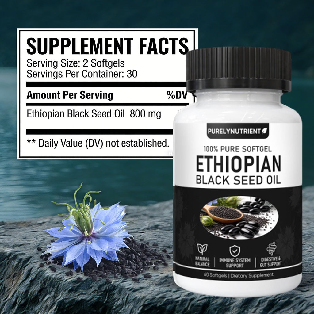 TUVAAZ PURELYNUTRIENT Ethiopian Black Seed Oil Capsules with 4.64% Thymoquinone, Immune Support & Digestion & Energy Booster, Non-GMO, Gluten-Free, 60 Count