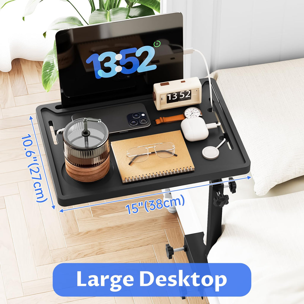 NiHome Height-Adjustable Bedside Shelf with Rotating Foldable Tray for Dorms, Apartments, Small Bedrooms, Fits Bed Frames 0.7"-2.7" Wide, Holds 15" Laptops, Phones, Snacks, Books, Alarm Clocks (Black)