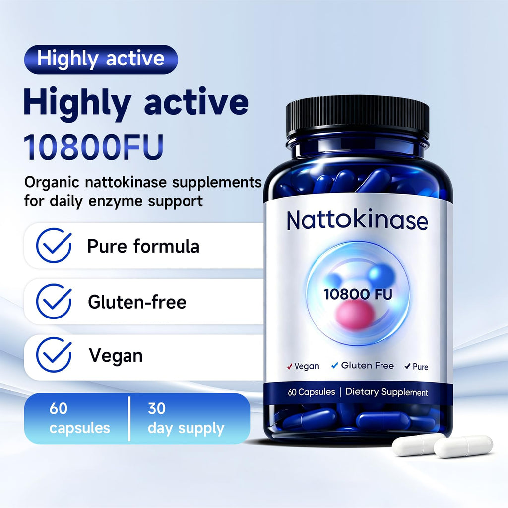 Xhnbbghao Ultimate Nattokinase Capsules, Nattokinase Supplement 10800 FU Per Serving, Serving for Body Health, and Daily Wellness Support, Vegan, Gluten Free, 60 Capsules
