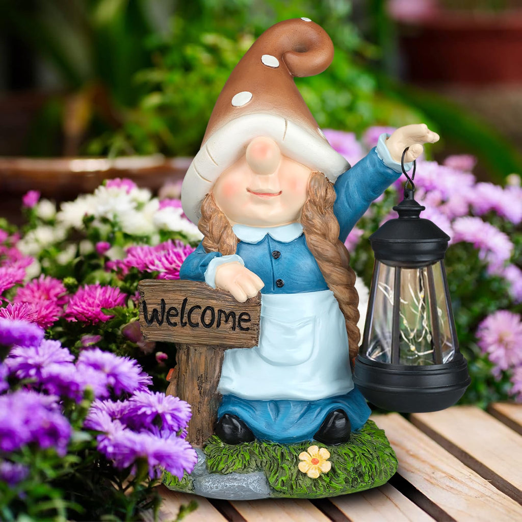 FLJZCZM Solar Large Gnome Garden Statue with LED Lantern Welcome Sign Blue