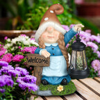 FLJZCZM Solar Large Gnome Garden Statue with LED Lantern Welcome Sign Blue