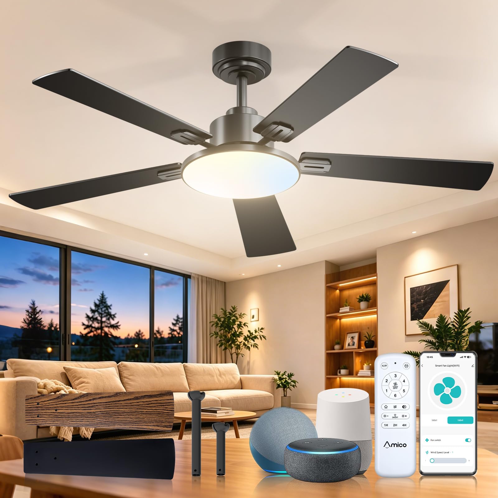 Amico 52 Inch Smart Ceiling Fans with Lights, Downrod Mount, WiFi, Black