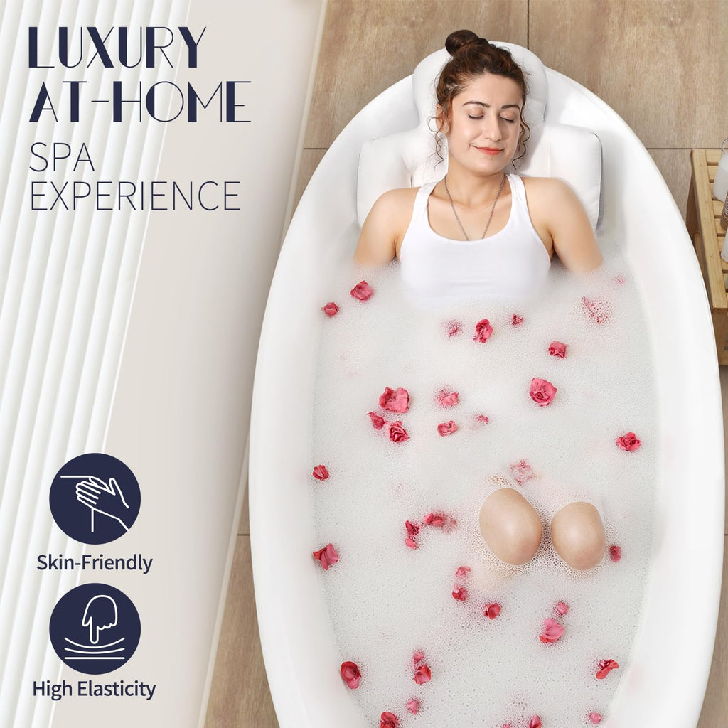 Full Body Bath Pillow for Bathtub, Thick Bath Cushion with Laundry Bag and 160 Silicone Suction Cups, Luxury Tub Padding Support for Head Back Butt Legs White 51" x 16"