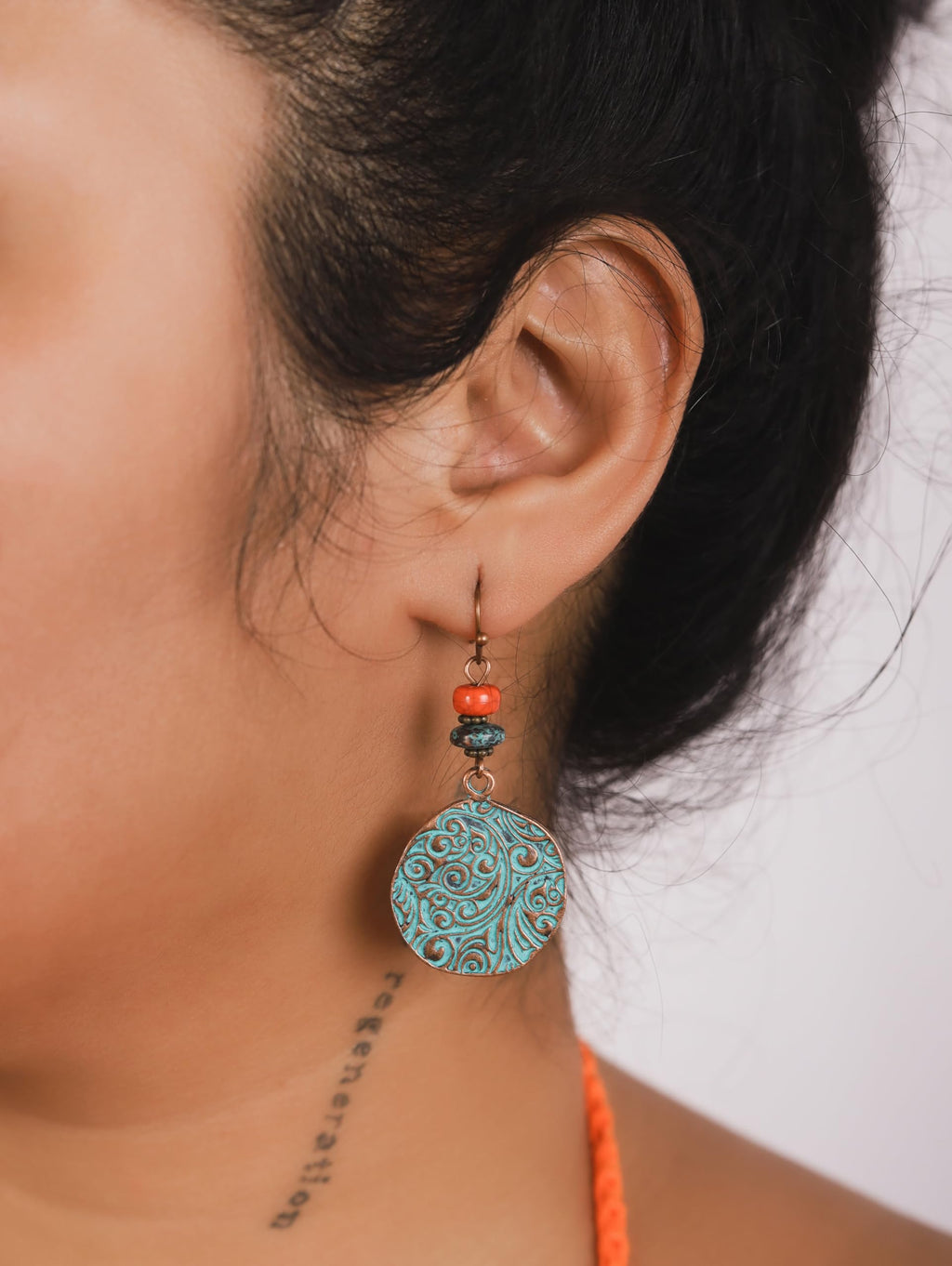 MINACHI Bohemian Engraved Circle Disc Dangle Drop Earrings with Bead Accents, Boho Hippe Jewelry Gift for Women