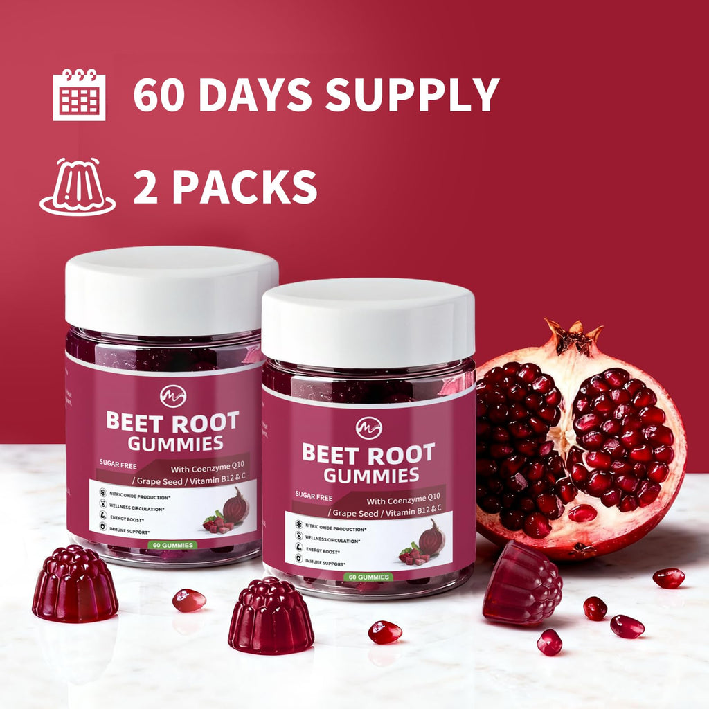 M inch Beet Root Gummies, Blood* Pressure Support & Nitric Oxide Booster, 8-in-1 Wellness Formula with Grape Seed, Coq10, Folic Acid, Vitamin C, B3 & B12, Sugar Free, Vegan, Pomegranate Flavor, 2 Pack