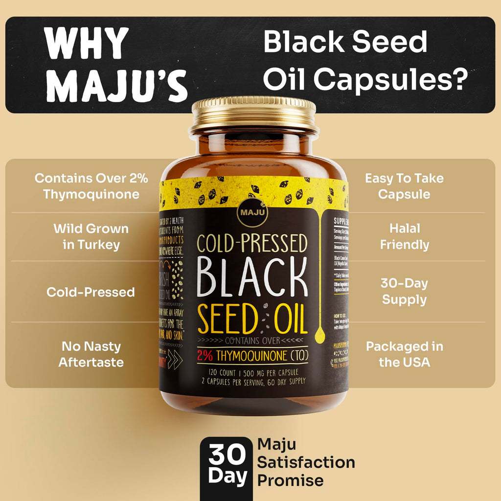 Maju Superfoods Black Seed Oil Capsules, Strong Cold Pressed, 2% Thymoquinone, 100% Turkish Black Cumin Nigella Sativa Seed Oil, Organic BSO, Liquid Blackseed, 120 Count, 500mg per Capsule
