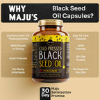 Maju Superfoods Black Seed Oil Capsules, Strong Cold Pressed, 2% Thymoquinone, 100% Turkish Black Cumin Nigella Sativa Seed Oil, Organic BSO, Liquid Blackseed, 120 Count, 500mg per Capsule