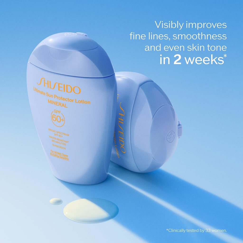 Shiseido Ultimate Sun Protector Lotion Mineral SPF 60+ - Sheer, Broad-Spectrum Sunscreen for Face & Body - Visibly Improves Fine Lines, Smoothness & Skin Tone - Fragrance Free, All Skin Types - 50 mL