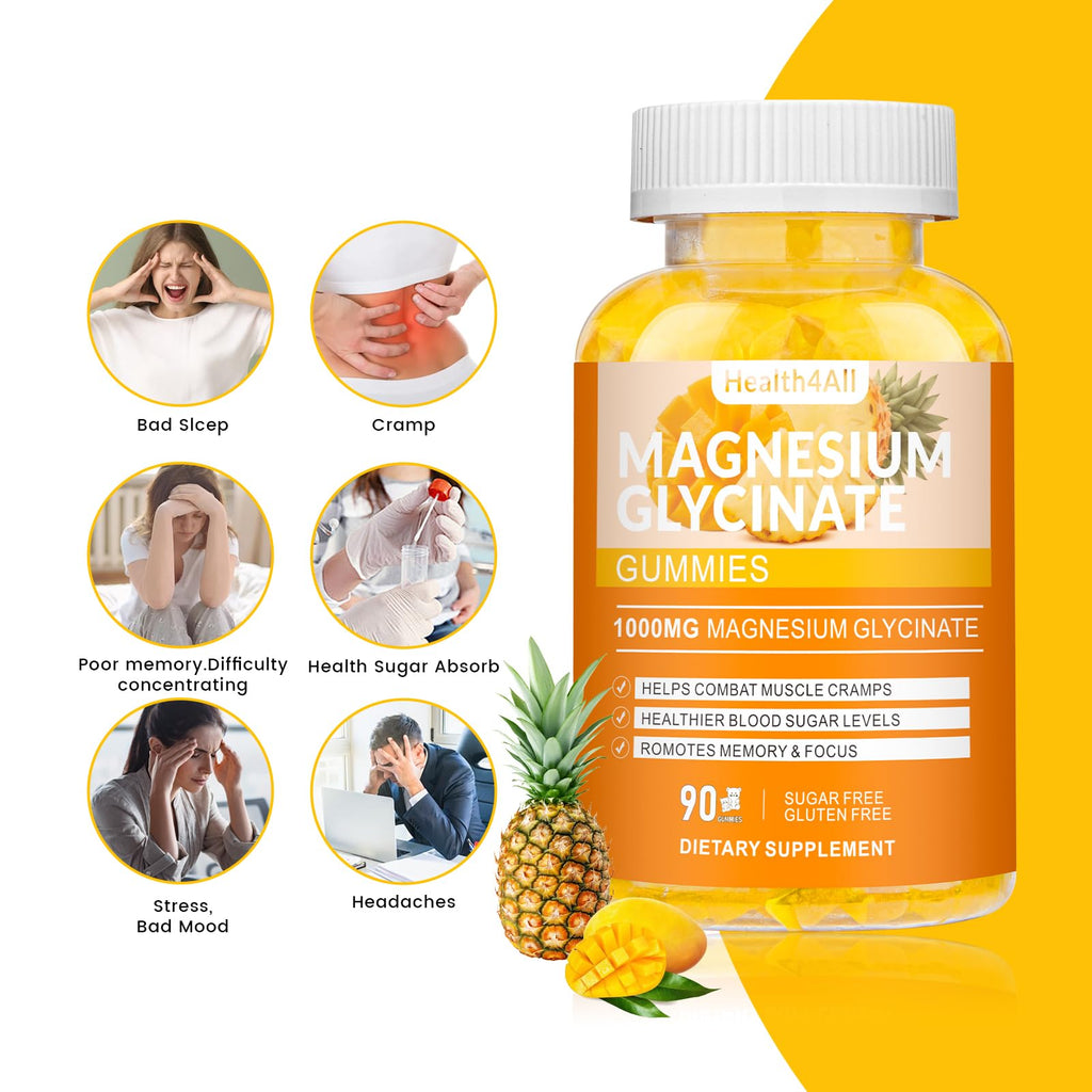 Magnesium Glycinate Gummies 1000mg, High Absorption Sugar Free Magnesium Potassium Supplement for Relaxation, Stress Relief, and Sleep Support for Adults & Kids - 90 Mango Pineapple Gummies