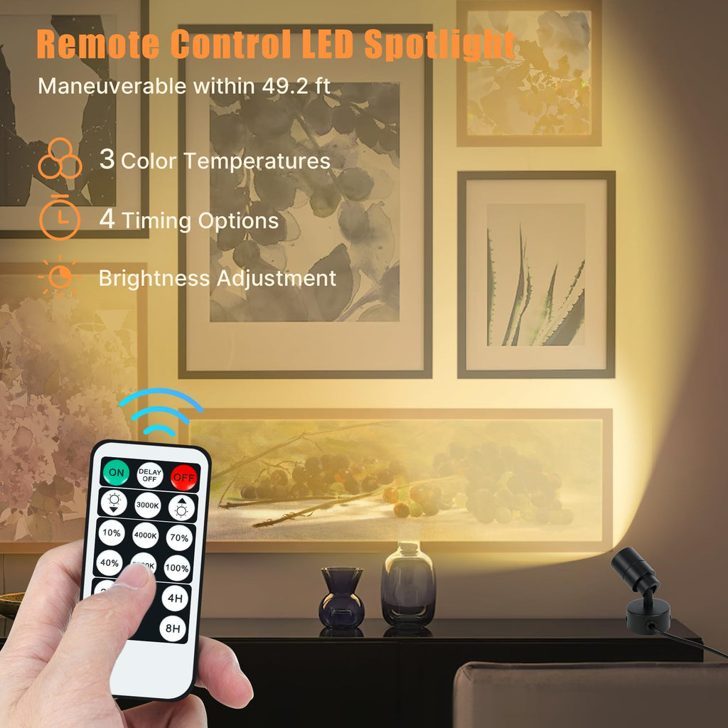 LED Spotlights Indoor, 5W Plants Uplighting with Remote Control Dimmable & Timer, Uplights Indoor Floor Spot Lights for Painting, Picture, Artwork, Accent Stick on Wall Light with 5.9 FT Plug Cord