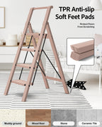 Taranta 4 Step Ladder, Lightweight Aluminum Step Stool with Convenient Handgrip, Folding Ladder with Anti-Slip Pedals, 330lbs Capacity Stepladder for Home, Office, Kitchen - Peach Pink