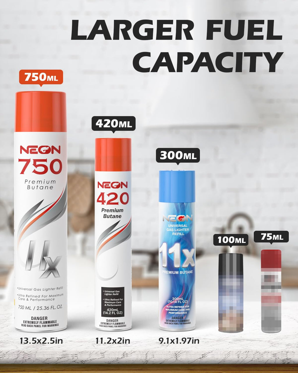 NEON Butane Fuel 750ml, 11X Ultra Refined 0 Impurities Butane Refill, Premium Universal Lighter Fluid with Metal Nozzle and 3 Butane Gas Refill Adapters for Refillable Lighters and Torches, 1 Can