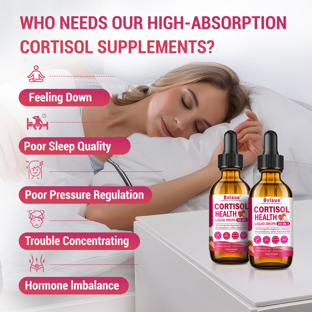 Bvlaue Cortisol Supplements Detox for Women - 20-in-1 Cortisol Reducer,Manager,Lower w/Ashwagandha,Magnesium,L-Theanine,Saffron,Rhodiola for Hormone Balance/Sleep/Stress Relief,Strawberry Flavor