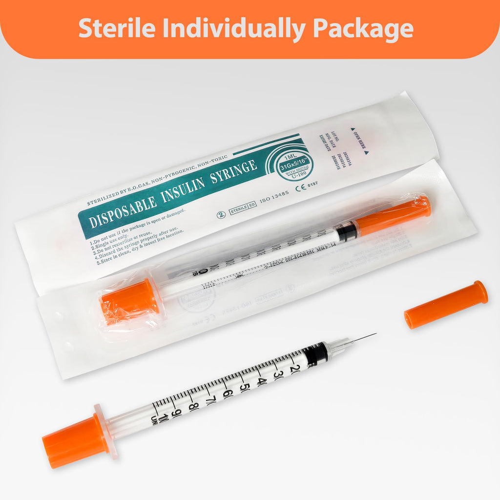 30 Pack U-100 1ml Syringes with Needle, 31G 5/16" 8mm 1cc Syringe