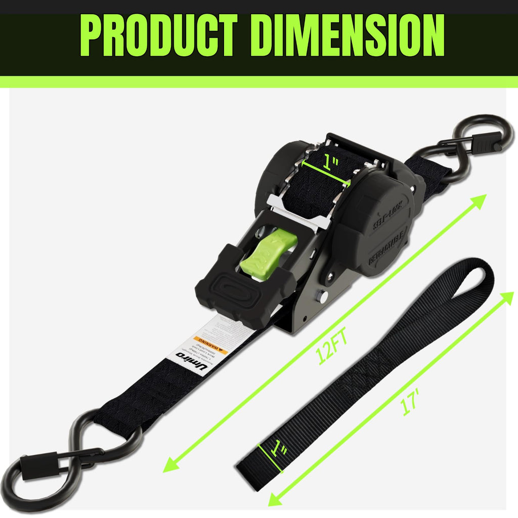 Retractable Ratchet Straps, 4-Pack, 1 Inch x 12 Feet Heavy Duty Tie Downs, 1760lb Break Strength, Self Retracting for Truck, Cargo, Trailer, Motorcycle, ATV, UTV (Black-Green, 4pack)