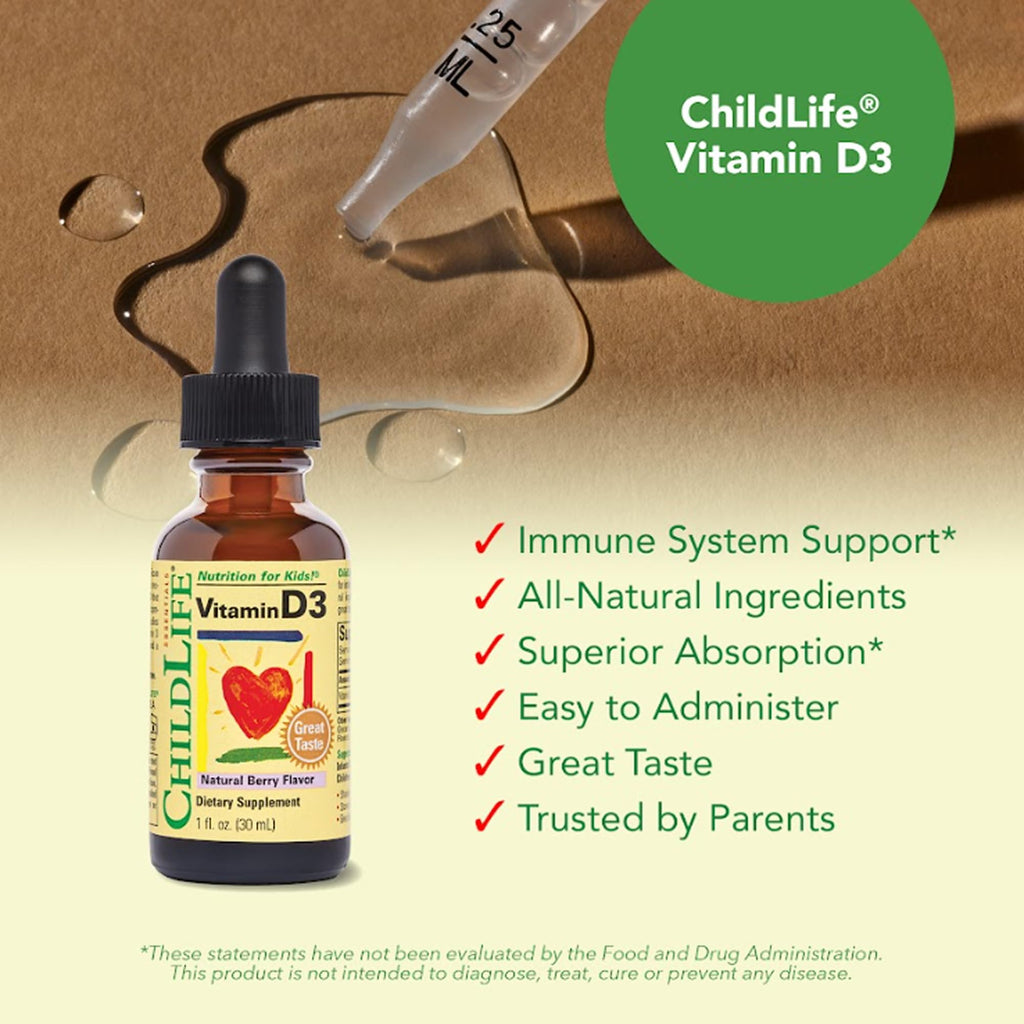 CHILDLIFE ESSENTIALS Vitamin D3 Drops for Kids, Children, & Toddlers - Liquid Vitamin D Drops, 500 IU per Drop, Immune & Bone Health Support, Natural Berry - 1 Fl Oz (Pack of 3)