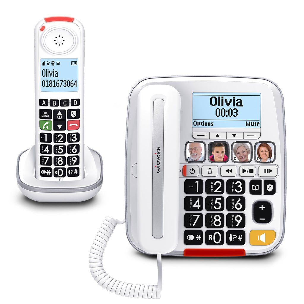 SWISSVOICE 3355 DECT 6.0 Corded Big Button Phone for Elderly with Answering Machine and Additional Cordless Handset - Loud Phones for Hard of Hearing - Hearing Aid Compatible Phones
