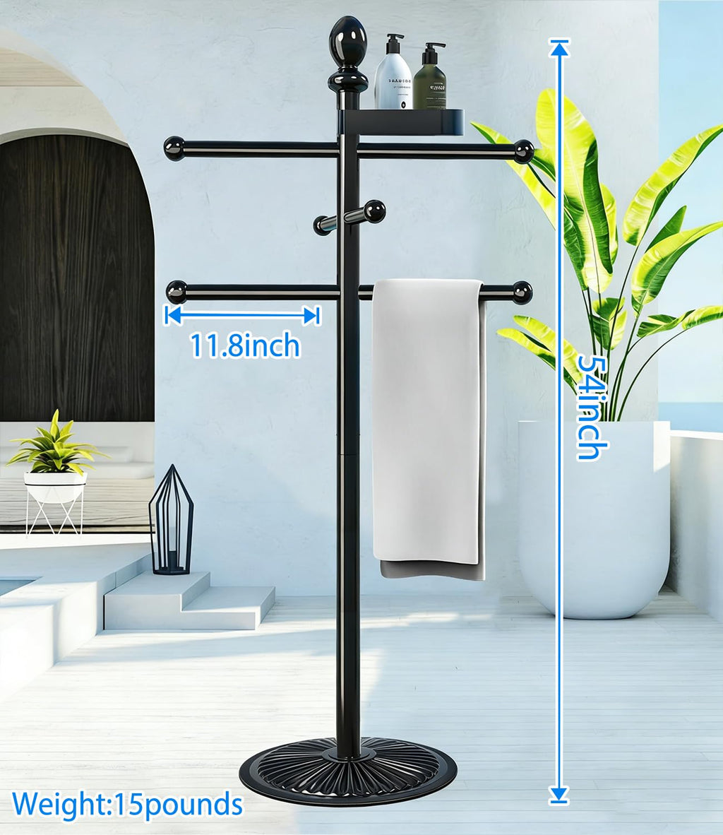 Pool Towel Rack Outdoor, 6 Bars with Top Tray Metal Heavy Duty Never Tilt Pool Accessories with Heavy Metal Base, Hot Tub Accessories Towel Dying Rack Towel Stand for Pool, Hot Tub etc