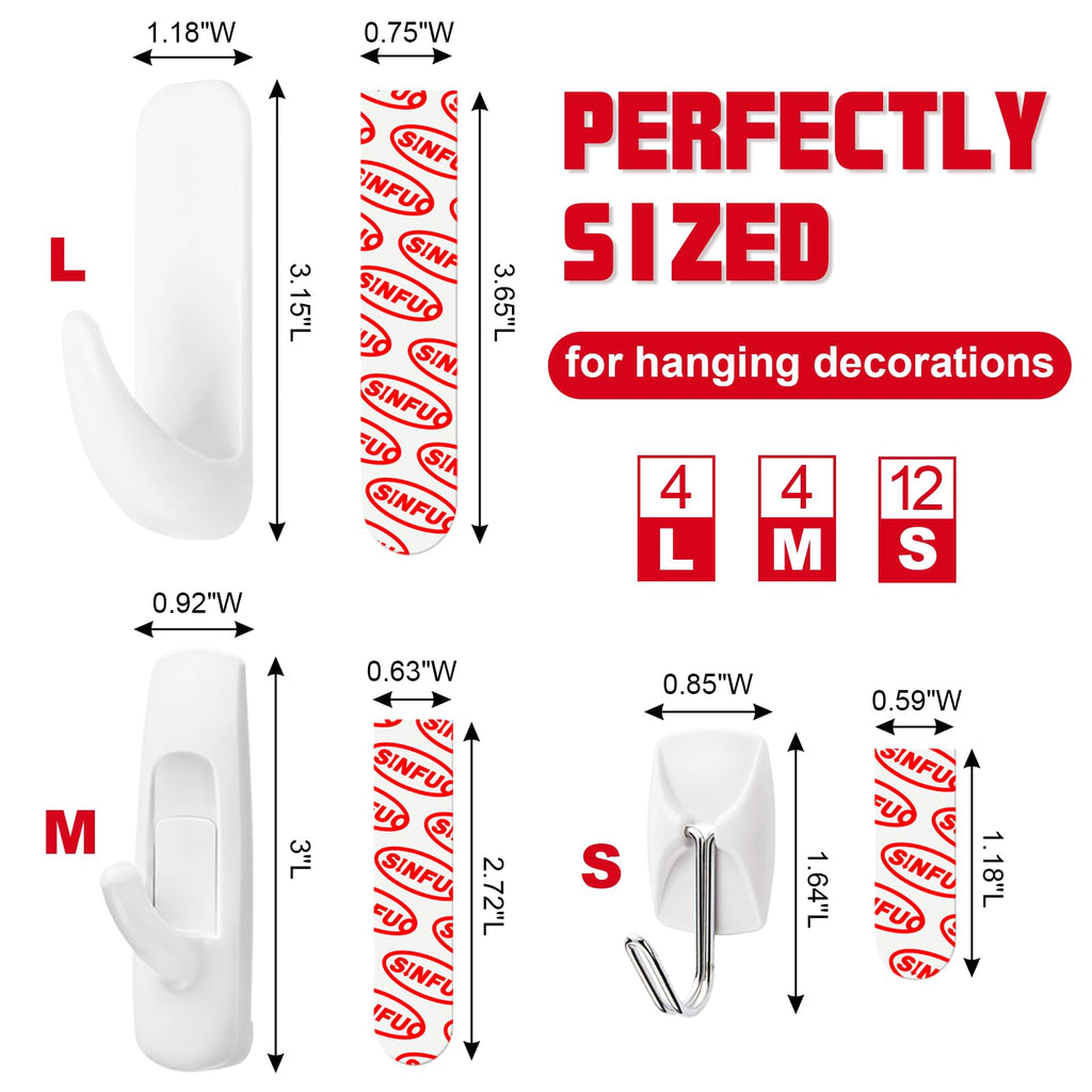 Sinfuo 20 Hooks + 32 Stirps Hanging Variety Pack,Adhesive wall Hooks Heavy Duty,no Damage Large midium Small Sticky Utility Hooks for Outdoor,Tower,Keys