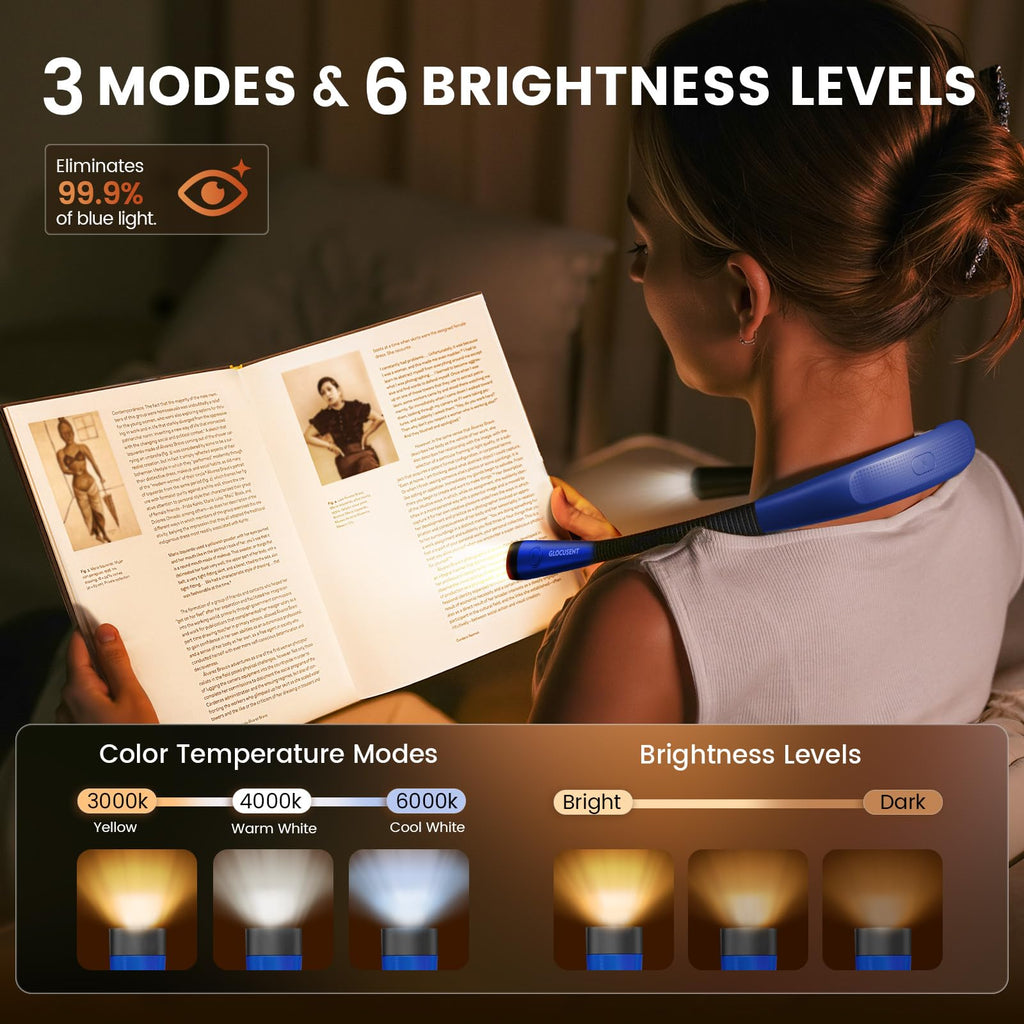 Glocusent Reading Light,Blue Neck Light,80-hr Rechargeable Book Light