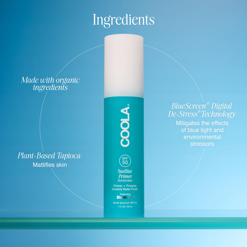 COOLA SunBlur Makeup Primer with SPF 50, Matte Finish, Sets Makeup for 8 Hour Wear, Dermatologist Tested Sunscreen, Paraben Free, Vegan, 1.0 Fl Oz