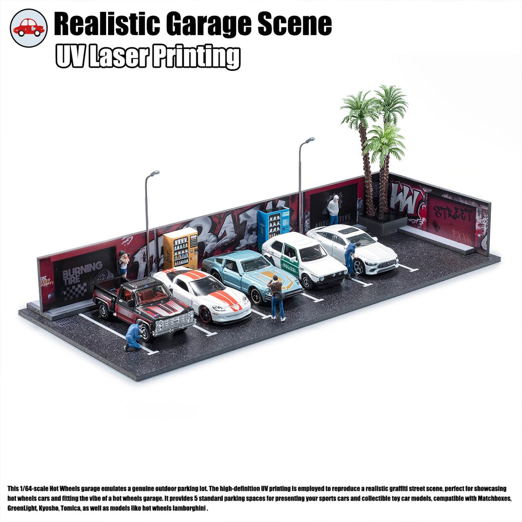 1/64 Diorama Garage, Garage and Display Case for Model Car, Scenic Diorama Display Car Park with 2 LED Street Lamps and 5 Outdoor Parking Spaces (American-Style Garage)