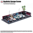 1/64 Diorama Garage, Garage and Display Case for Model Car, Scenic Diorama Display Car Park with 2 LED Street Lamps and 5 Outdoor Parking Spaces (American-Style Garage)