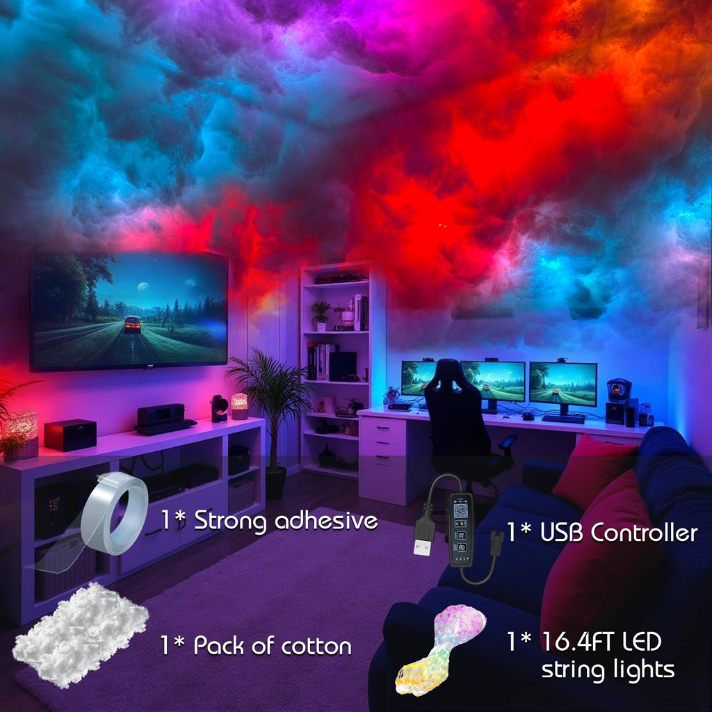 Neisouf USB 3D Cotton Thundercloud LED Light, DIY RGB+IC Chasing Ceiling Cloud Lights with APP and Remote Control for Room Decor 10ft