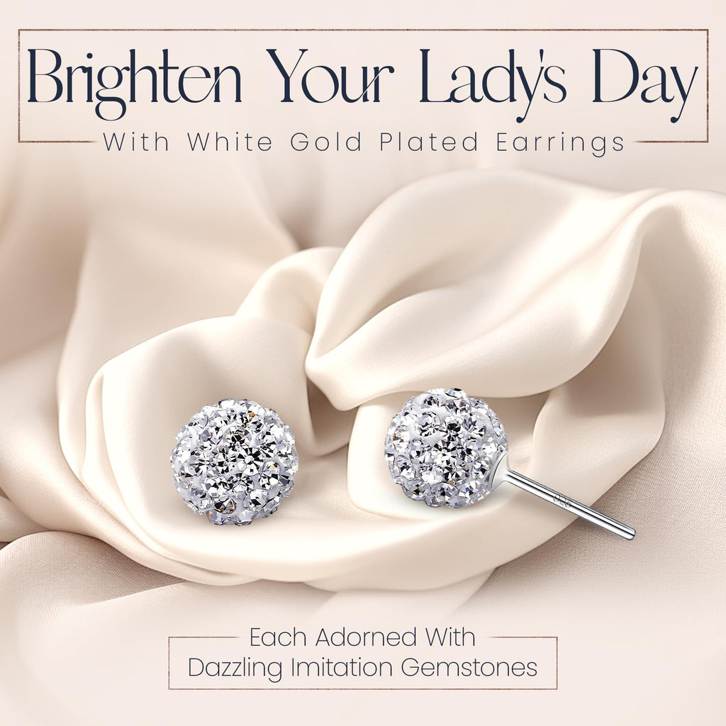 Crystalline Azuria 925 Sterling Silver Earrings White Crystals Round Disco Ball Stud Earrings 8 mm for Women