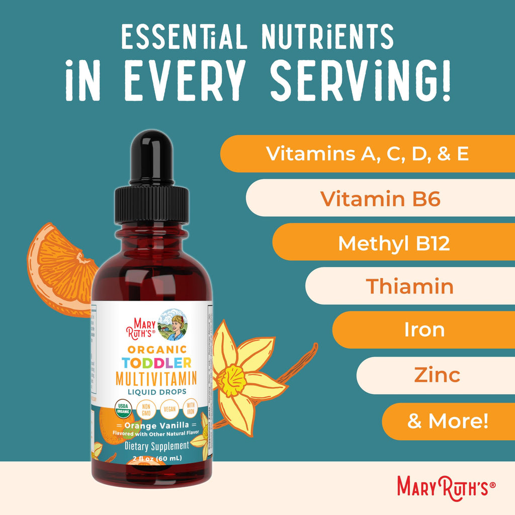 MaryRuth Organics Multivitamin & Multimineral with Iron for Toddlers | USDA Organic | Sugar Free | Multivitamin Liquid Drops for Kids Ages 1-3 | Immune Support | Vegan | Non-GMO | 2 Fl Oz