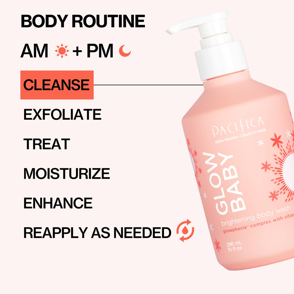 Pacifica Glow Baby Brightening Body Wash – Vitamin C & AHA Exfoliating Body Wash for Glowing Skin, Moisturizing Daily Shower Gel for Dull Dry Skin, Niacinamide & Kakadu Plum, Vegan, 10 oz