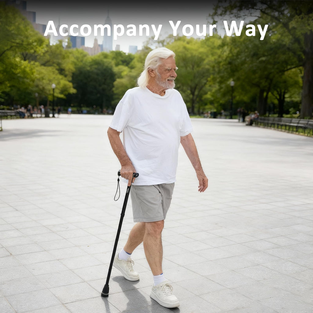 HEALTHBAZAAR Walking Cane with LED Light, Folding Canes for Men & Women with Shock Absorption - Adjustable, Lightweight Collapsible Walking Sticks with Comfort Grip Handle, Heavy Duty All Terrain Tip