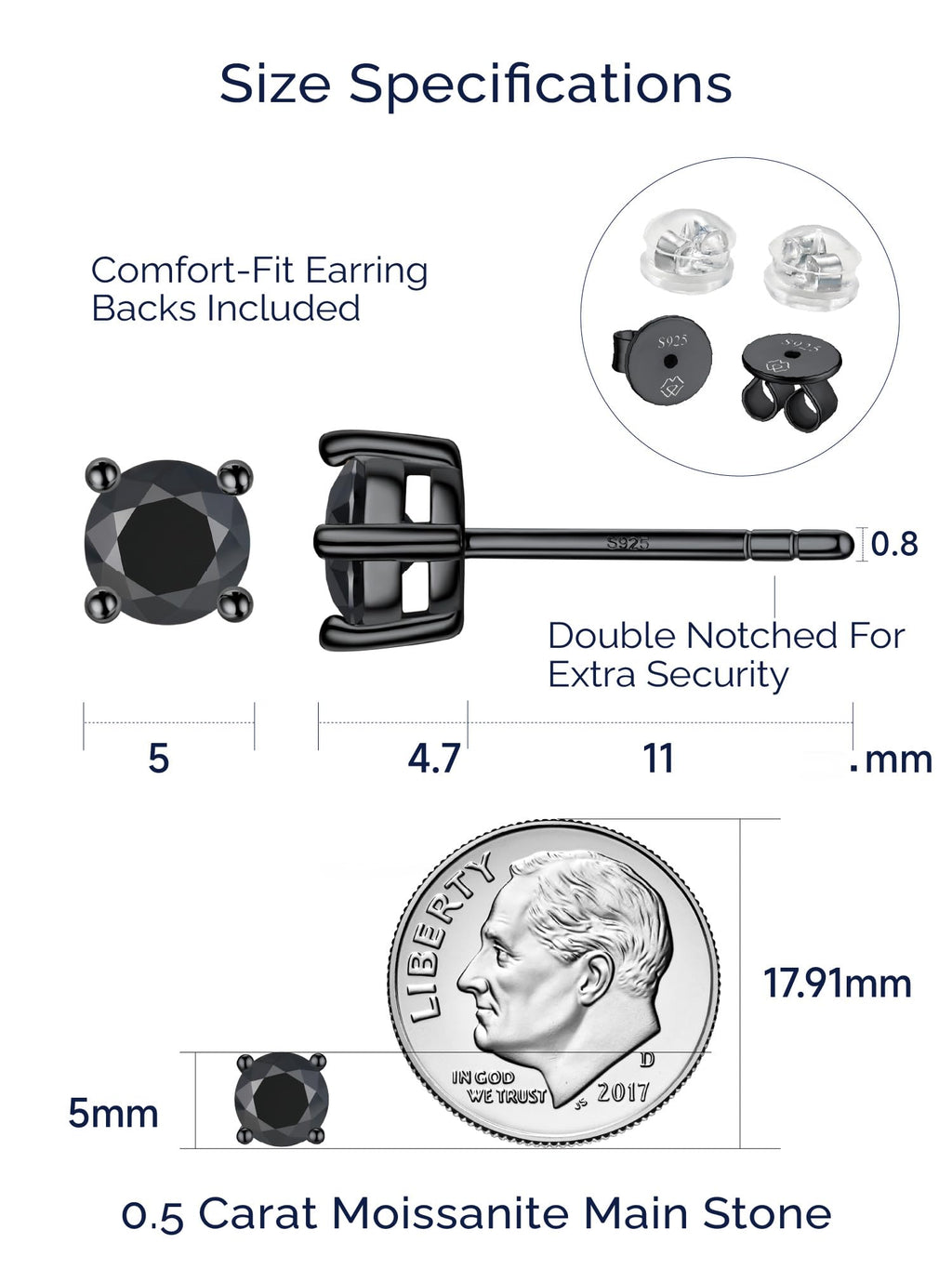 MomentWish Black Stud Earrings for Men 1Carat D Color VVS1 Moissanite Earrings for Men Black Diamond Earring 925 Sterling Silver Mens Jewelry
