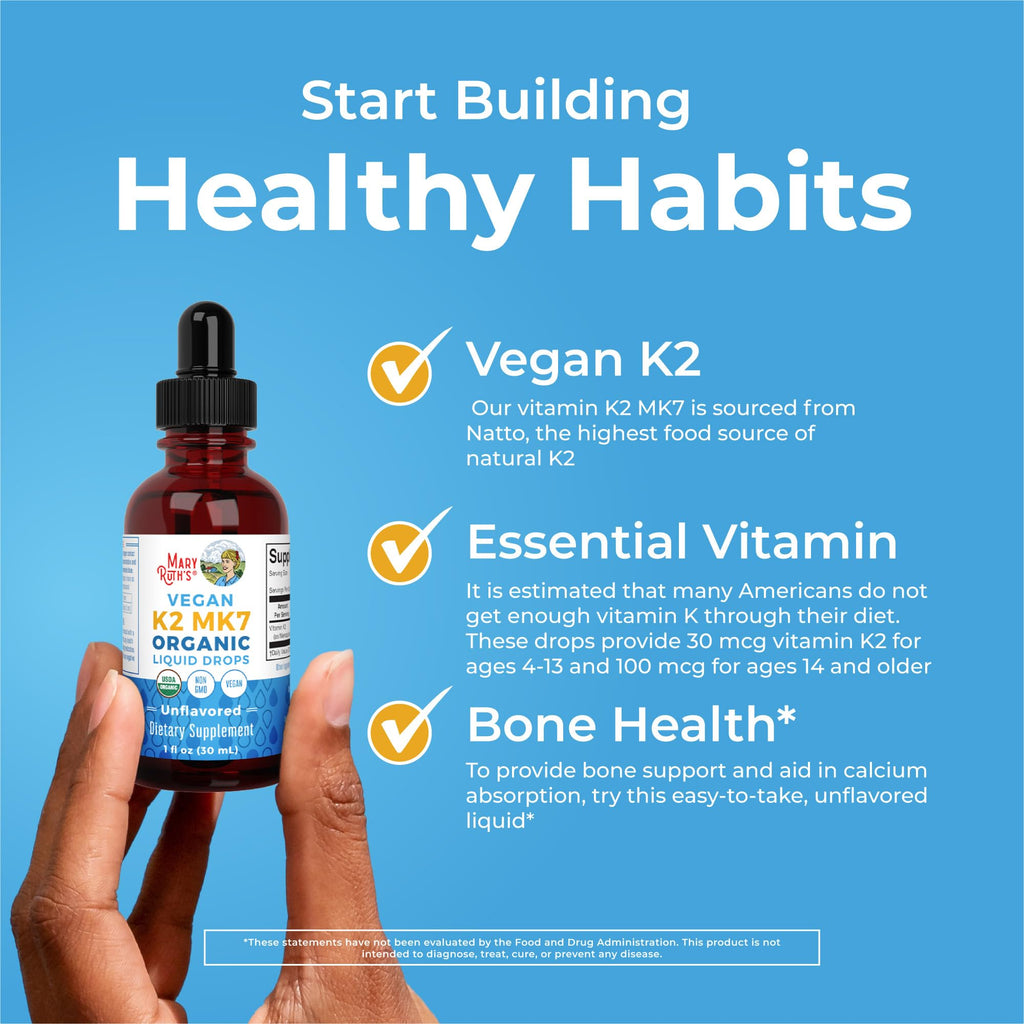 MaryRuth’s USDA Organic Vitamin K2 MK7 Liquid Drops for Adults & Kids | Sourced from Natto | Menaquinone- 7 | Vegan K2 Vitamin for Bone Health & Calcium Absorption | 1oz | Up to 90 Servings