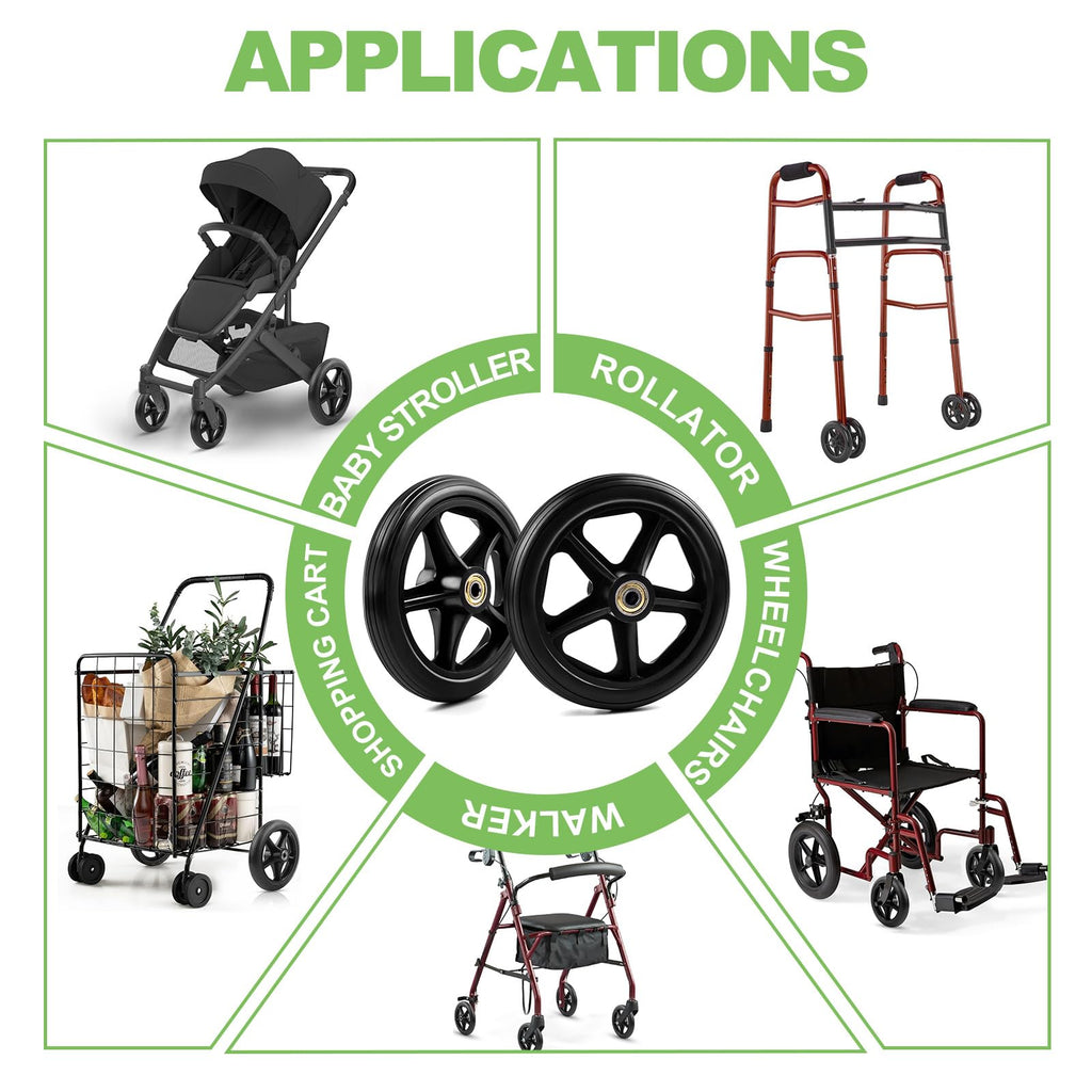 Royitay 2 Pack 6 Inch Rubber Wheelchair Wheels Replacement for Walkers, Rollators, Wheelchairs,Durable Anti-Slip ABS Wheel Hub- Universal Aid Wheels for Adults, Seniors, Black